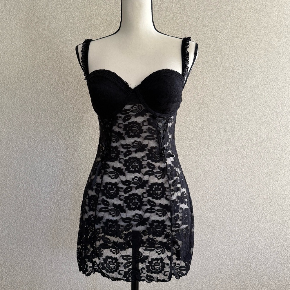 BLACK LACE CHEMISE WITH LACE UP DETAIL, THONG.